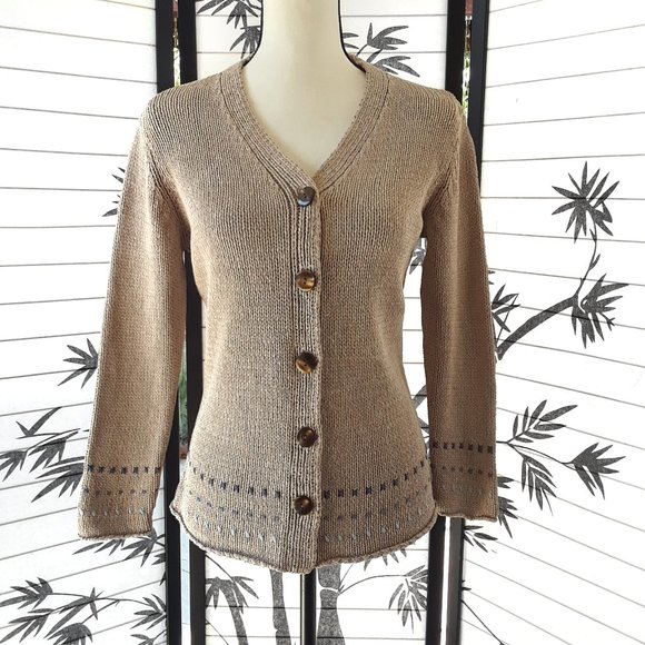 J. Jill Sweaters - J. Jill 100% Silk Tan and Blue V Neck Knit Cardigan Sweater Size S